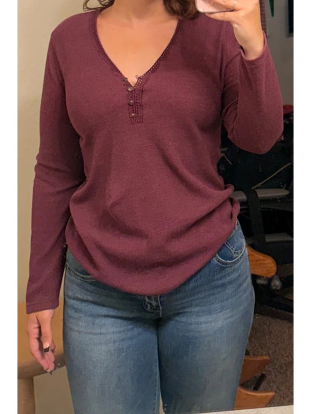 Eddie Bauer Y2K Purple Long Sleeve Henley with lace trim around neckline